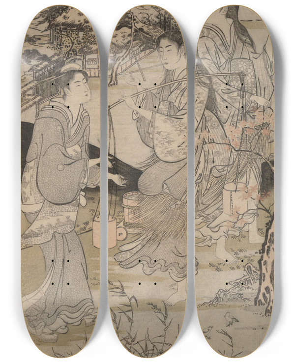 Triptych art skateboard deck of Kubo Shunman Koya In The Province Of Kii And Noda In The Province Of Mutsu Six Tamarivers by Kubo Shunman (1757-1820)