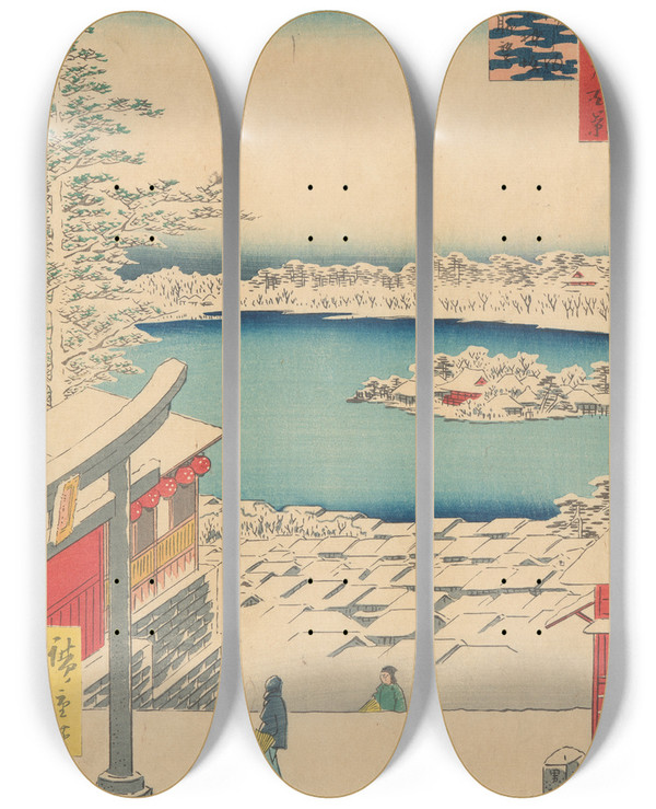 Triptych art skateboard deck of And Hiroshige Islet In The Snow by Ando Hiroshige (1797-1858)