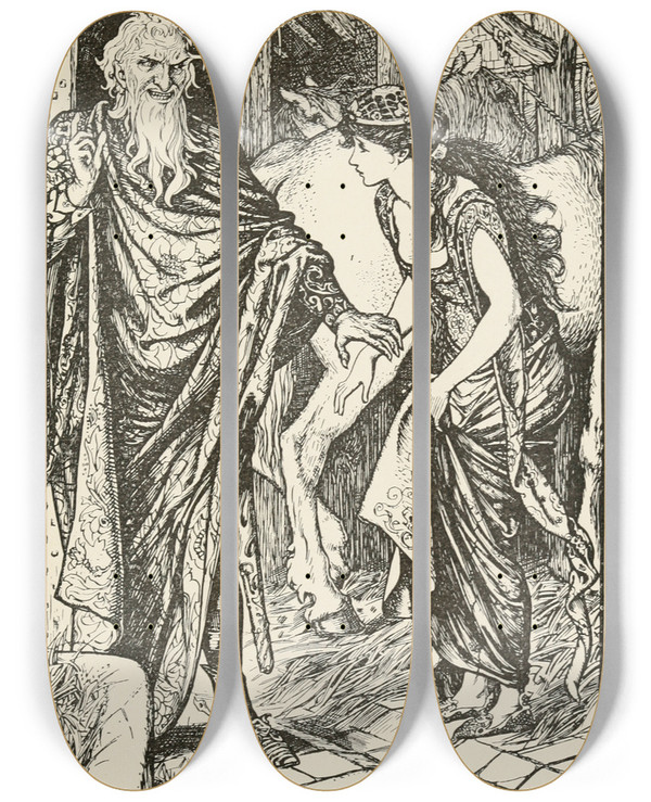 Triptych art skateboard deck of Henry Justice Ford Scioravante Leaves Cannetella In The Stable by Henry Justice Ford (1860-1941)