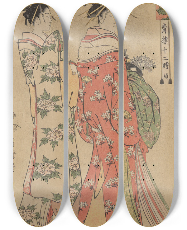 Triptych art skateboard deck of Kitagawa Utamaro Courtesan Passing Through Street Accompanied By Servant by Kitagawa Utamaro (1753-1806)