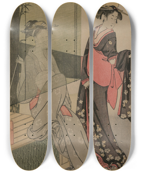 Triptych art skateboard deck of Kitagawa Utamaro Two Women By A Bamboo Blind by Kitagawa Utamaro (1753-1806)