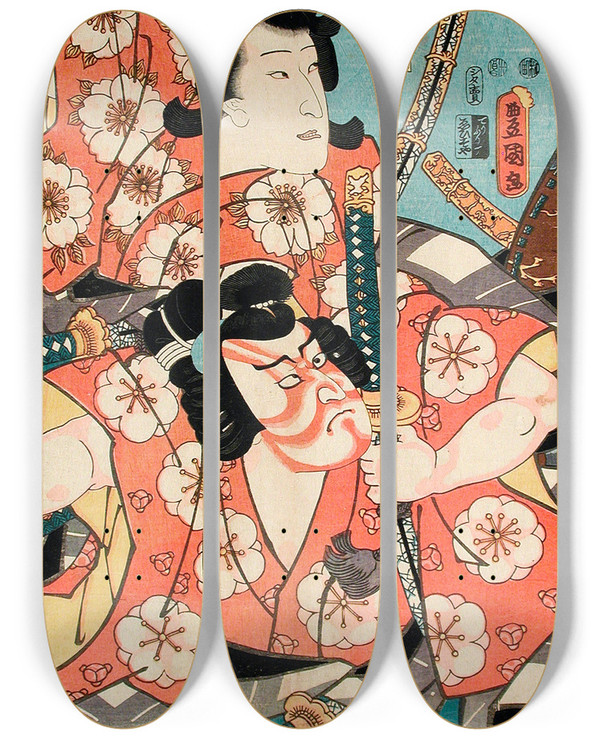 Triptych art skateboard deck of Utagawa Kunisada Toyokuni Iii Toneri Umemaru And Toneri Sakuramaru From The Play Sugawara Denj Tenarai Kagami by Utagawa Kunisada (Toyokuni III) (1786-1865)