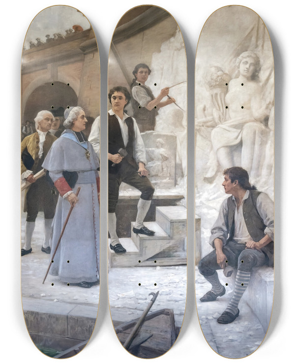 Triptych art skateboard deck of Edouard Bernard Debatponsan A Visit To The Sculptor by Edouard Bernard Debat-Ponsan (1847-1913)