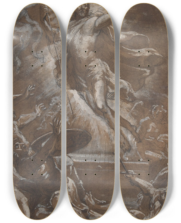 Triptych art skateboard deck of Denys Calvaert The Resurrection Of Christ by Denys Calvaert (1540-1619)