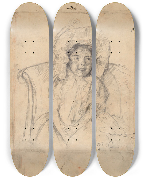 Triptych art skateboard deck of Mary Cassatt Smiling Margot Wearing A Ruffled Bonnet by Mary Cassatt (1844-1926)