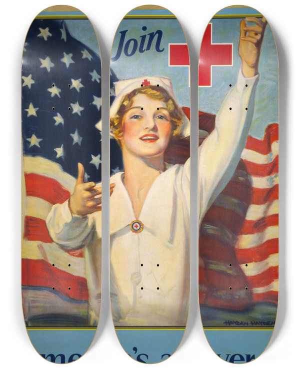 Triptych art skateboard deck of Howard Crosby Renwick Join Red Cross Symbol Americas Answer To Humanitys Challenge by Howard Crosby Renwick (1885-1955)