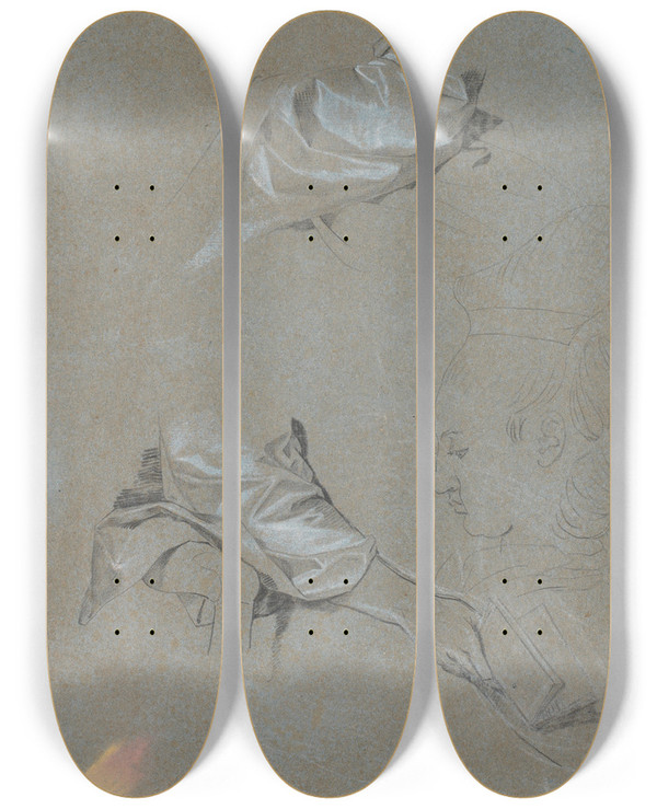 Triptych art skateboard deck of Jens Juel Studie Af Silkermer En Hjre Hnd Med En Bog Og En Profil by Jens Juel (1745-1802)