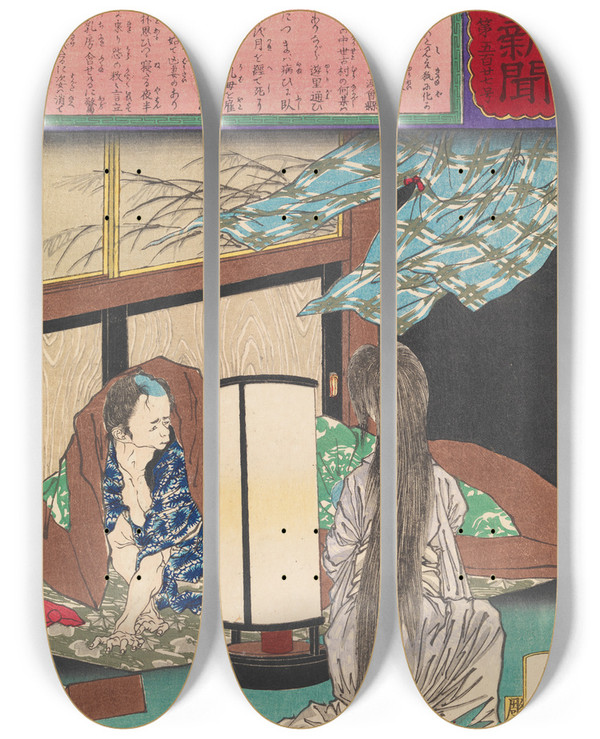 Triptych art skateboard deck of Tsukioka Yoshitoshi A Widower Witnesses His Wifes Ghost Nursing Their Child by Tsukioka Yoshitoshi (1839-1892)