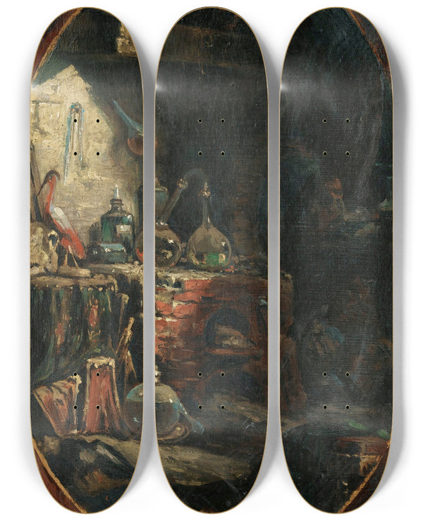 Triptych art skateboard deck of Eugne Isabey In The Alchemist Studio by Eugene Isabey (1803-1886)