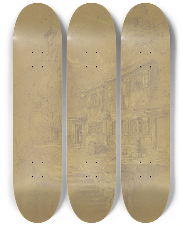 Triptych art skateboard deck of Johann Friedrich Hoff Vor Der Burg In Nrnberg by Johann Friedrich Hoff (1832-1913)