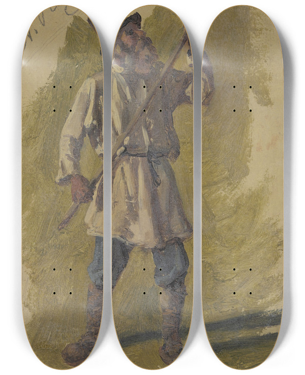 Triptych art skateboard deck of Johann Nepomuk Rauch Russischer Bauer Bei Der Arbeit by Johann Nepomuk Rauch (1804-1847)
