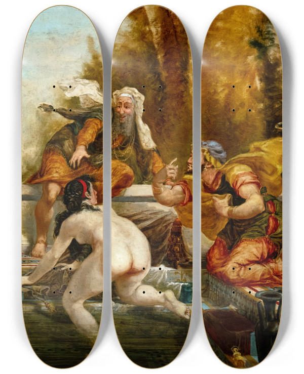 Triptych art skateboard deck of Jeanbaptiste Cariven Susanna And The Elders by Jean-Baptiste Cariven (1843-1904)