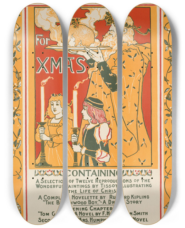 Triptych art skateboard deck of Louis Rhead The Century For Xmas by Louis Rhead (1857-1926)