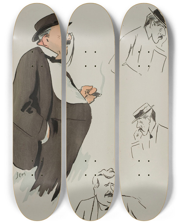 Triptych art skateboard deck of Georges Goursat Sem Comte Hallezclaparde Me Poulet James Hennessy by Georges Goursat (Sem) (1863-1934)