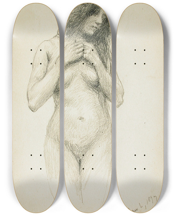 Triptych art skateboard deck of Frank Duveneck Female Nude by Frank Duveneck (1848-1919)