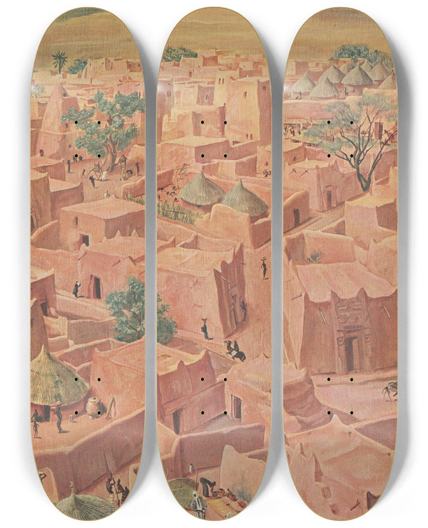 Triptych art skateboard deck of Alexandre Jacovleff Dessins Et Peintures Dafrique Pl 10 by Alexandre Jacovleff (1887-1938)