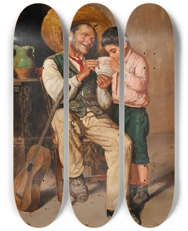 Triptych art skateboard deck of Giuseppe Giardiello A Good Drink by Giuseppe Giardiello (1877-1920)