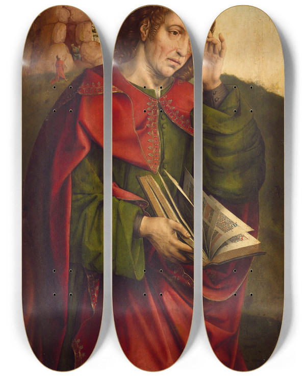 Triptych art skateboard deck of Colijn De Coter Saint John The Evangelist Weeping by Colijn De Coter (1446-1538)
