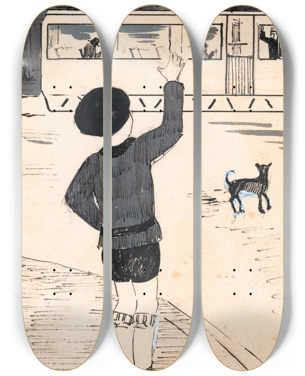 Triptych art skateboard deck of A Tinbergen Jongen Zwaait Naar Een Bestuurder by A Tinbergen (20-)
