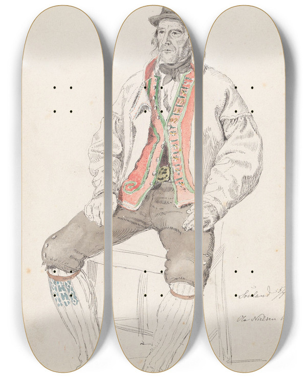 Triptych art skateboard deck of Adolph Tidemand Ole Nielsen Brkke Sauland by Adolph Tidemand (1814-1876)