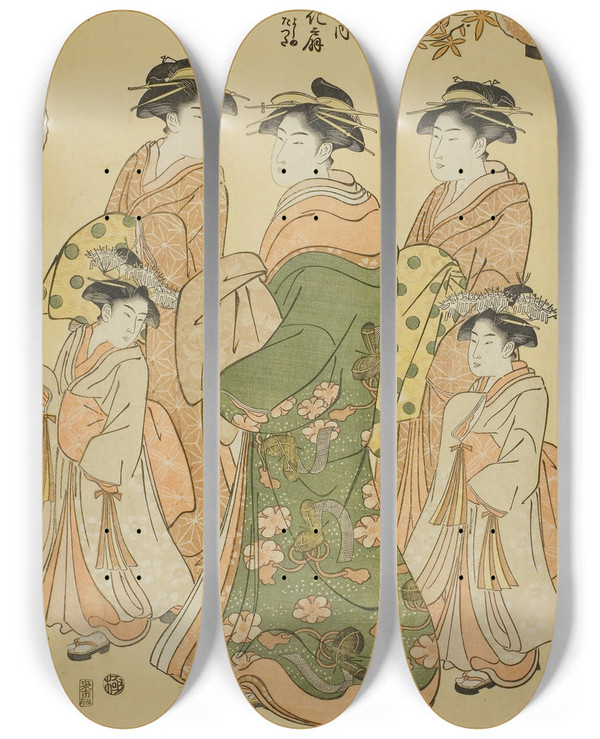 Triptych art skateboard deck of Chbunsai Eishi The Courtesan Hanaogi Of The Ogiya With Child Attendants Yoshino And Tatsuta by Chobunsai Eishi (1756-1829)