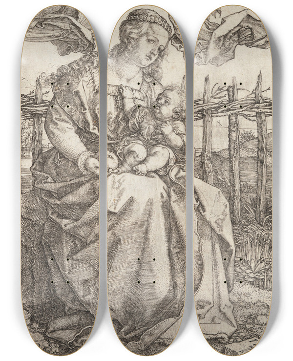 Triptych art skateboard deck of Albrecht Drer Virgin Mary Crowned By Two Angels by Albrecht Durer (1471-1528)