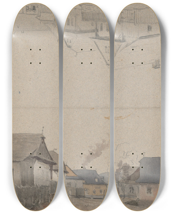 Triptych art skateboard deck of Jan Nowopack Village Motif by Jan Nowopacky
