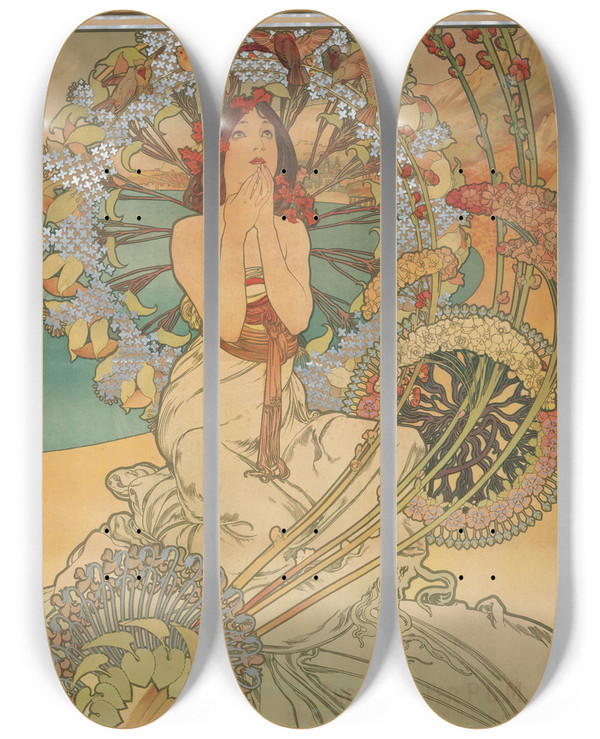 Triptych art skateboard deck of Alphonse Mucha Monaco Montecarlo by Alphonse Mucha (1860-1939)