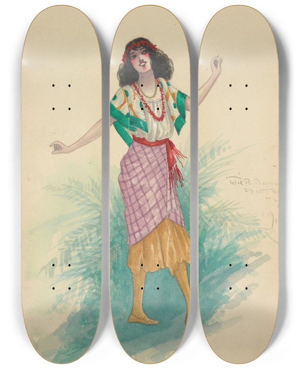 Triptych art skateboard deck of Will R Barnes Act I8 Moro Girls by Will R Barnes (1939)