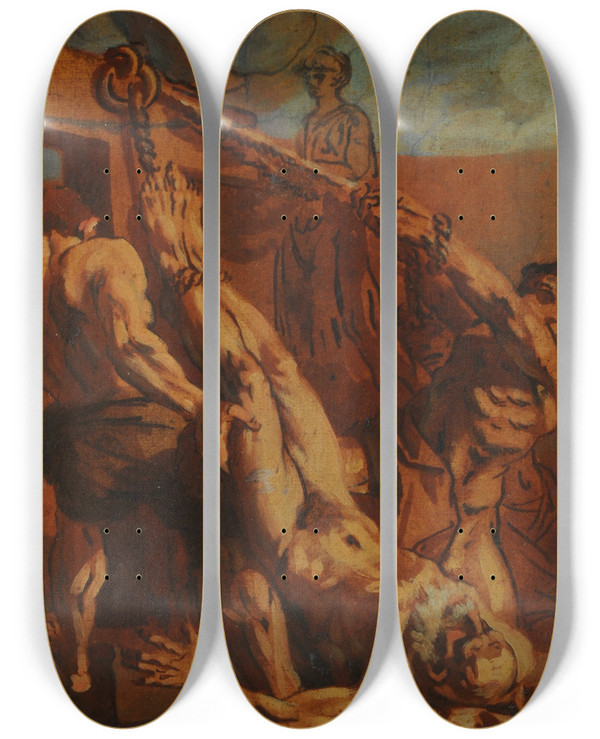 Triptych art skateboard deck of Jacopo Tintoretto Martyrdom Of Saint Peter by Jacopo Tintoretto (1518-1594)