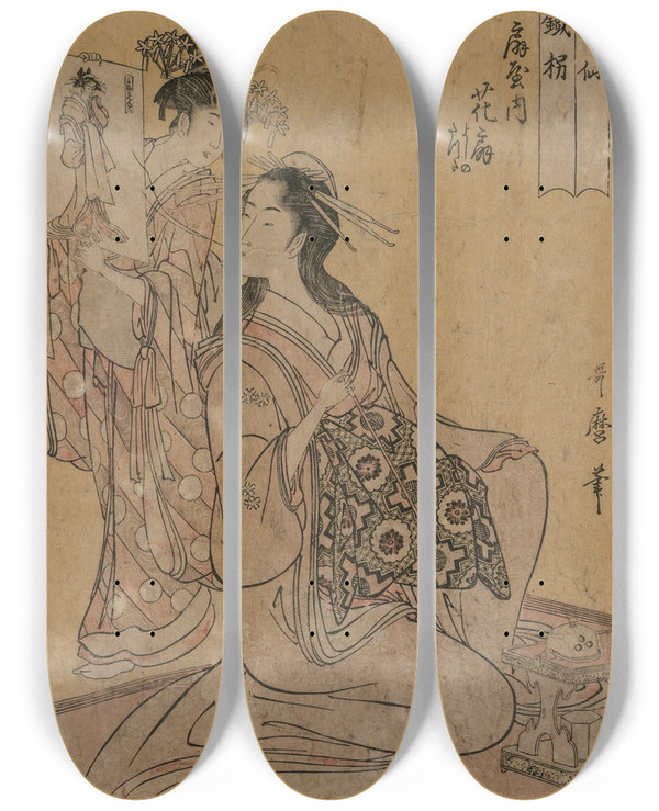 Triptych art skateboard deck of Kitagawa Utamaro The Courtesan Hanaogi Of Ogiya As The Sennin Tekkai From The Series Eight Immortals Of Sensuality by Kitagawa Utamaro (1753-1806)