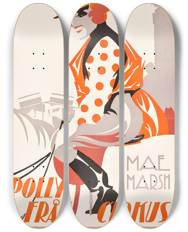 Triptych art skateboard deck of Eric Rohman Polly Of The Circus by Eric Rohman (1891-1949)