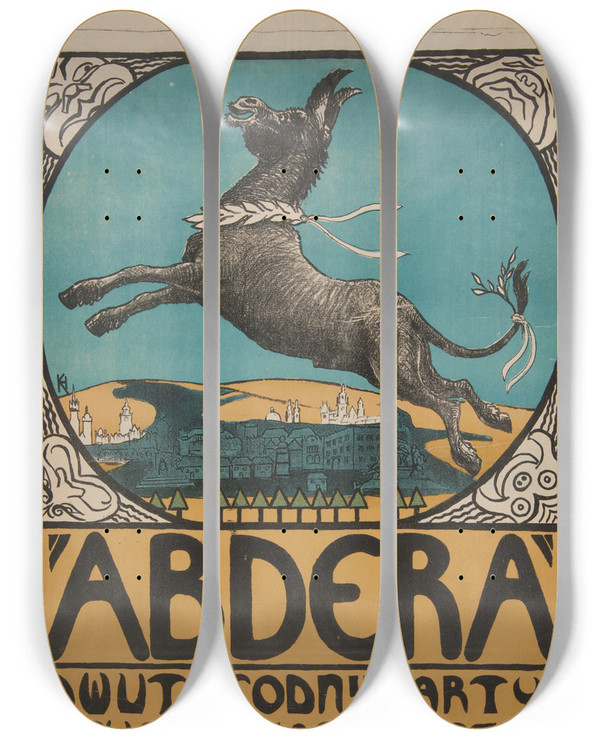 Triptych art skateboard deck of Henryk Kunzek Abdera Dwutygodnik Artystycznosatyryczny_1 by Henryk Kunzek (1871-1928)