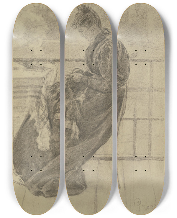 Triptych art skateboard deck of Louis Eysen Mary Eysen On The Balcony by Louis Eysen (1843-1899)