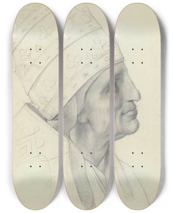 Triptych art skateboard deck of Moritz Daniel Oppenheim Papst Gregor Der Groe Aus Raffaels Disputa by Moritz Daniel Oppenheim (1800-1882)