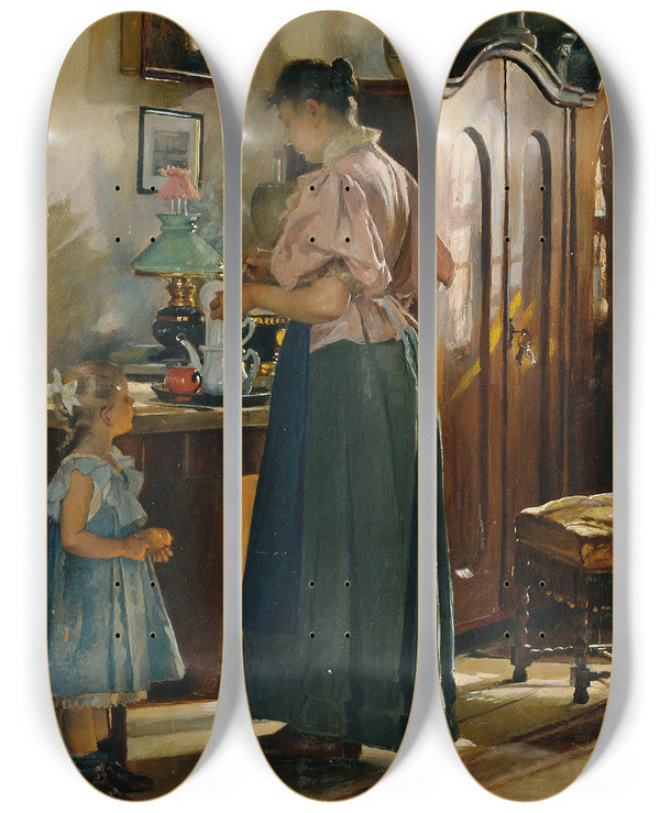 Triptych art skateboard deck of Gustav August Hessl Vesperzeit by Gustav August Hessl (1849-1926)
