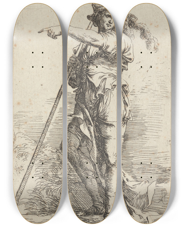 Triptych art skateboard deck of Salvator Rosa Soldier Holding A Cane In His Right Hand Pointing Toward The Left 2 by Salvator Rosa (1615-1673)