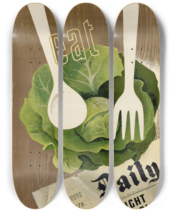 Triptych art skateboard deck of Hans Schleger Eat Greens For Health Feed Right To Feel Right by Hans Schleger (1898-1976)