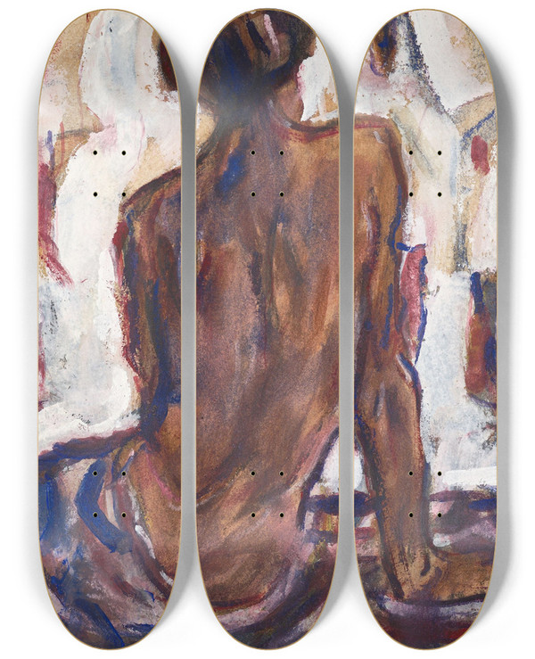 Triptych art skateboard deck of Christian Rohlfs Female Nude Seen From Behind by Christian Rohlfs (1849-1938)