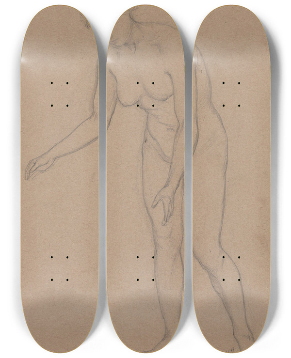 Triptych art skateboard deck of Adolph Tidemand Kvinneakt_1 by Adolph Tidemand (1814-1876)