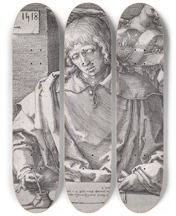 Triptych art skateboard deck of Lucas Van Leyden Saint John by Lucas Van Leyden (1494-1533)