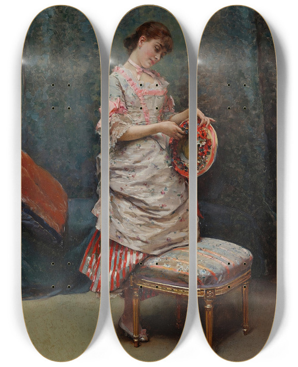 Triptych art skateboard deck of Raimundo De Madrazo Y Garreta Aline Holding A Hat by Raimundo De Madrazo Y Garreta (1841-1920)