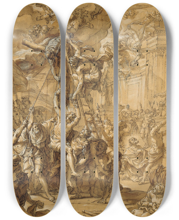 Triptych art skateboard deck of Giovanni Odazzi The Martyrdoms Of The Apostles Philip And James The Lesser by Giovanni Odazzi (1663-1731)