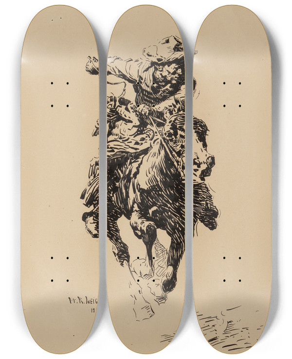 Triptych art skateboard deck of William Robinson Leigh Study For The Stampede by William Robinson Leigh (1866-1955)