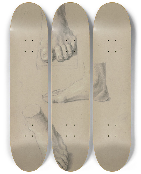 Triptych art skateboard deck of Jakob Becker Study Sheet Feet by Jakob Becker (1810-1872)