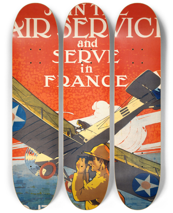 Triptych art skateboard deck of J Paul Verrees Join The Air Service And Serve In Francedo It Now by J Paul Verrees (1889-1942)