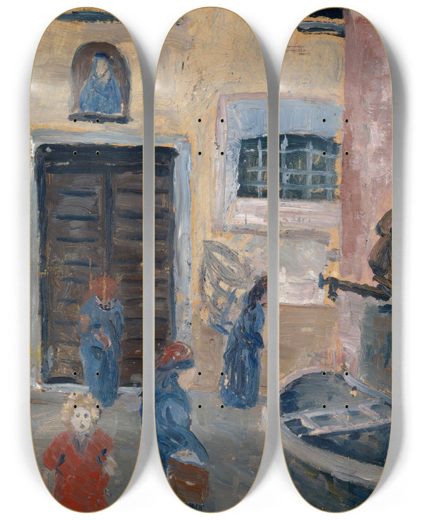 Triptych art skateboard deck of Ernst Schiess Grasende Ziegen Vor Schmalem Meeresarm Und Fernem Hgelzug by Ernst Schiess (1872-1919)