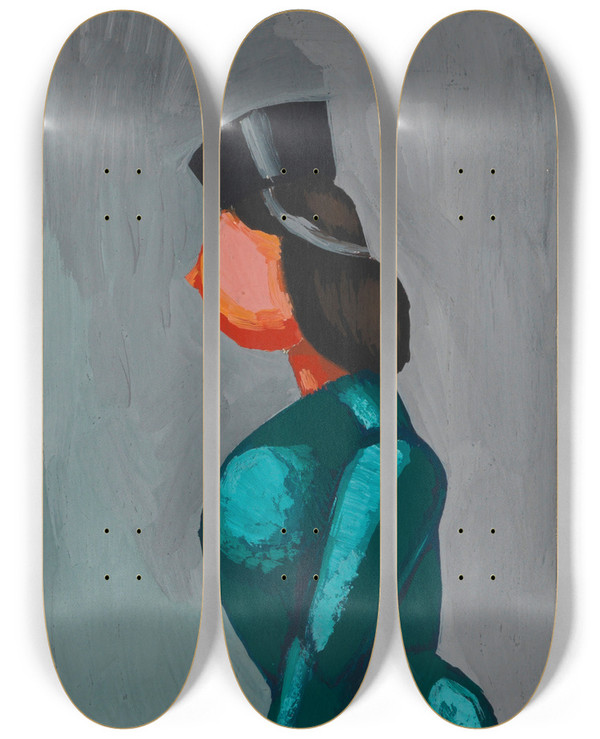 Triptych art skateboard deck of Karl Wiener Ohne Titel Frau In Grnem Kleid Mit Schwarzer Kappe by Karl Wiener (1901-1949)