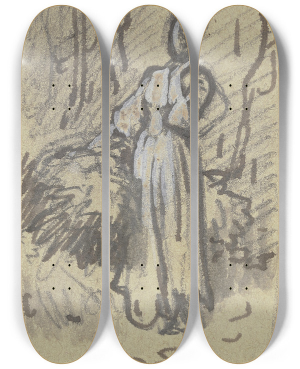 Triptych art skateboard deck of Philipp Rumpf Mdchen Mit Strohbndel Die Linke Hand An Die Wange Gelegt by Philipp Rumpf (1821-1896)