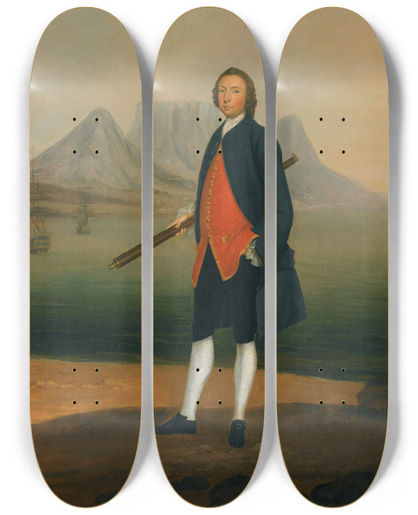 Triptych art skateboard deck of Arthur Devis Portrait Of Richard Beard Streatfield Of Copford Lichfield Staffordshire 17051770 With A View Of Table Bay Cape Town Beyond by Arthur Devis (1712-1787)